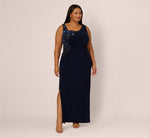Plus Size Sleeveless Asymmetrical Floral Beaded Jersey Gown In Midnight Multi 2