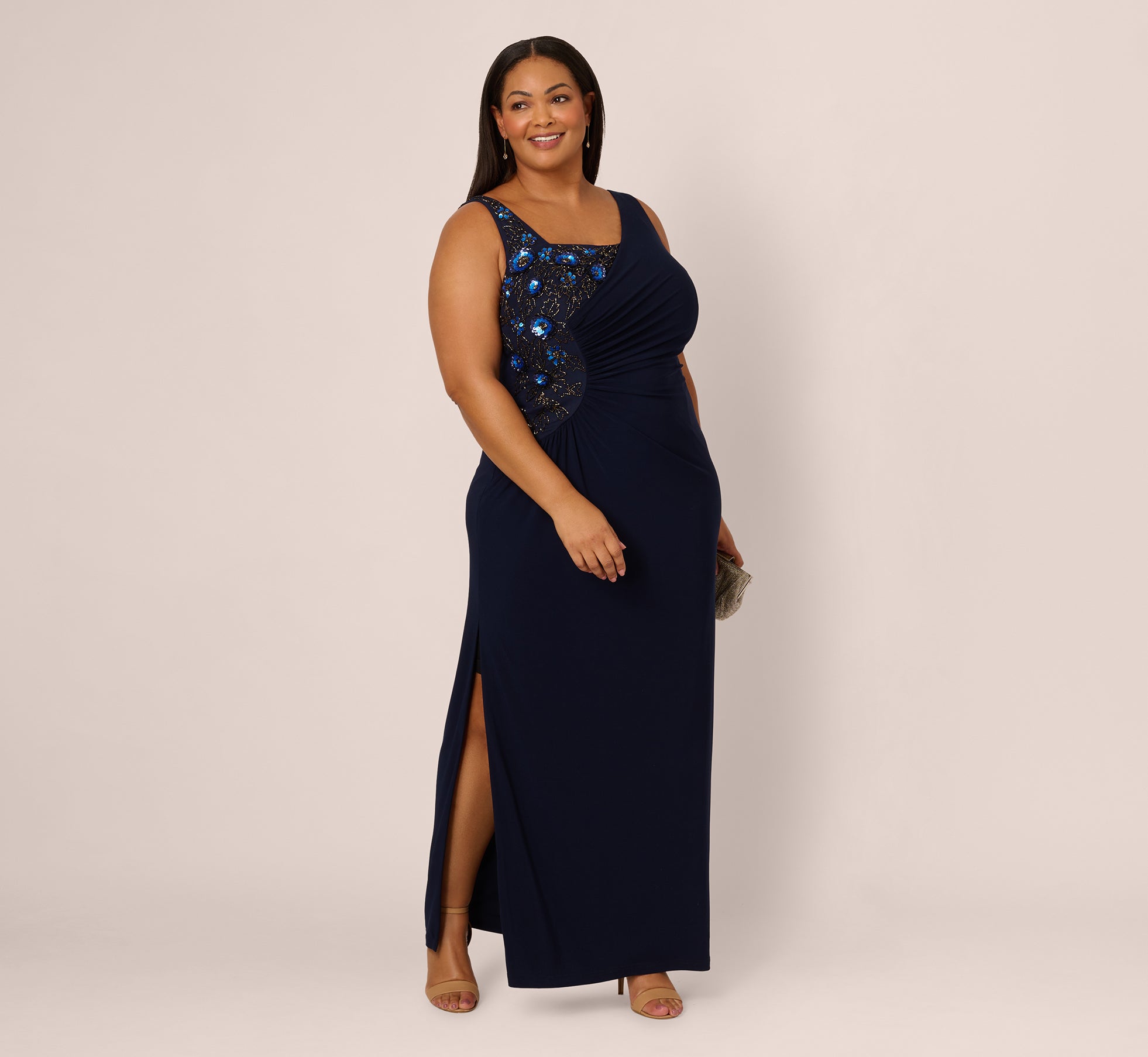 Plus Size Sleeveless Asymmetrical Floral Beaded Jersey Gown In Midnight Multi 1