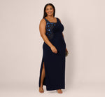 Plus Size Sleeveless Asymmetrical Floral Beaded Jersey Gown In Midnight Multi 1