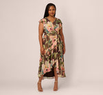 Plus Size Flutter Sleeve High Low Midi Wrap Dress In Brown Multi 2