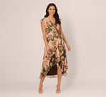 Flutter Sleeve High Low Midi Wrap Dress In Brown Multi 2