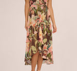 Flutter Sleeve High Low Midi Wrap Dress In Brown Multi 3