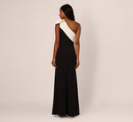 One Shoulder Color Block Bow Gown In Black Ivory 5