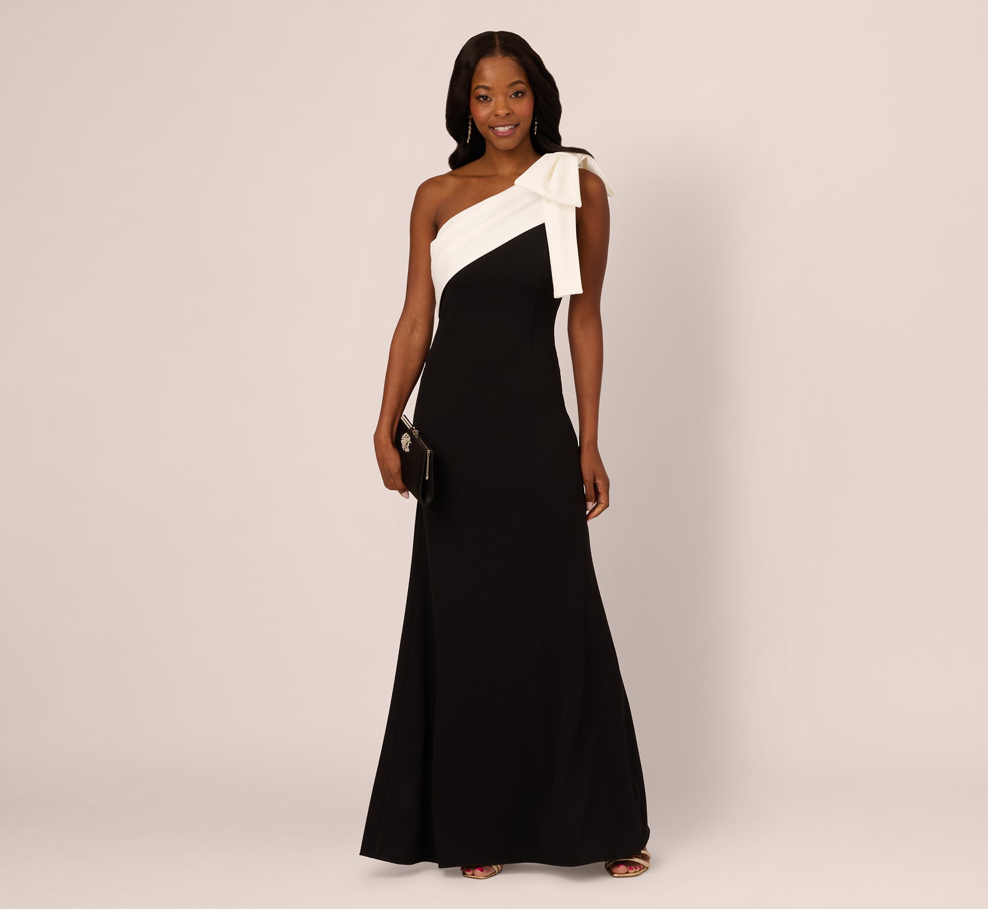 One Shoulder Color Block Bow Gown In Black Ivory 1