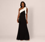 One Shoulder Color Block Bow Gown In Black Ivory 1