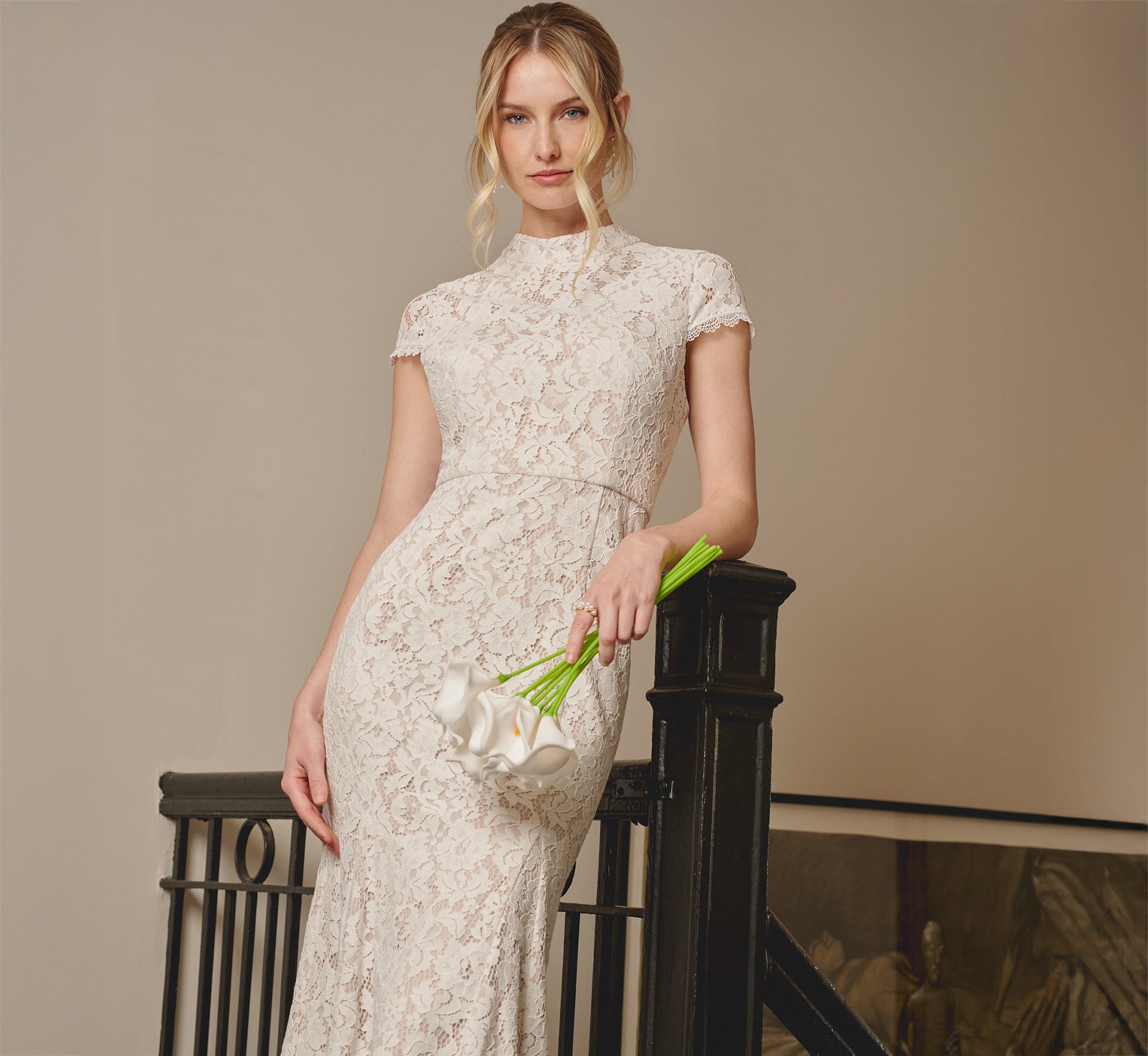 Cap Sleeve Lace Midi Dress In Ivory Nude 1