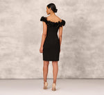 Off The Shoulder Crepe Sheath Dress With Organza Florals In Black 4