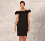 Off The Shoulder Crepe Sheath Dress With Organza Florals In Black 2