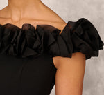 Off The Shoulder Crepe Sheath Dress With Organza Florals In Black 3