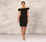Off The Shoulder Crepe Sheath Dress With Organza Florals In Black 6