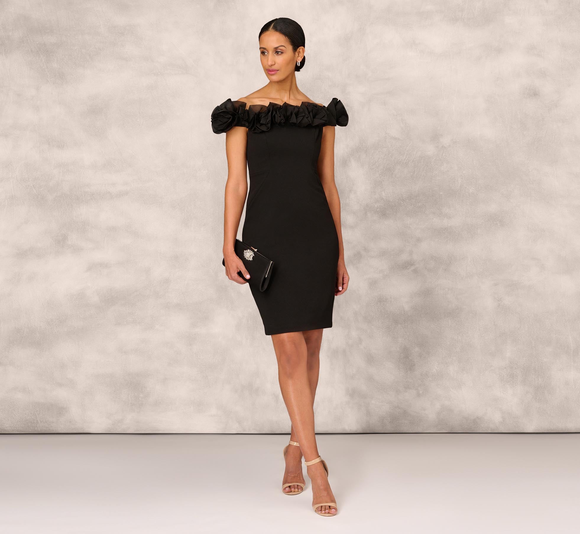 Off The Shoulder Crepe Sheath Dress With Organza Florals In Black 1