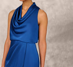 Cowl Neck Cocktail Dress With Front Draped Skirt In Deep Ocean 3