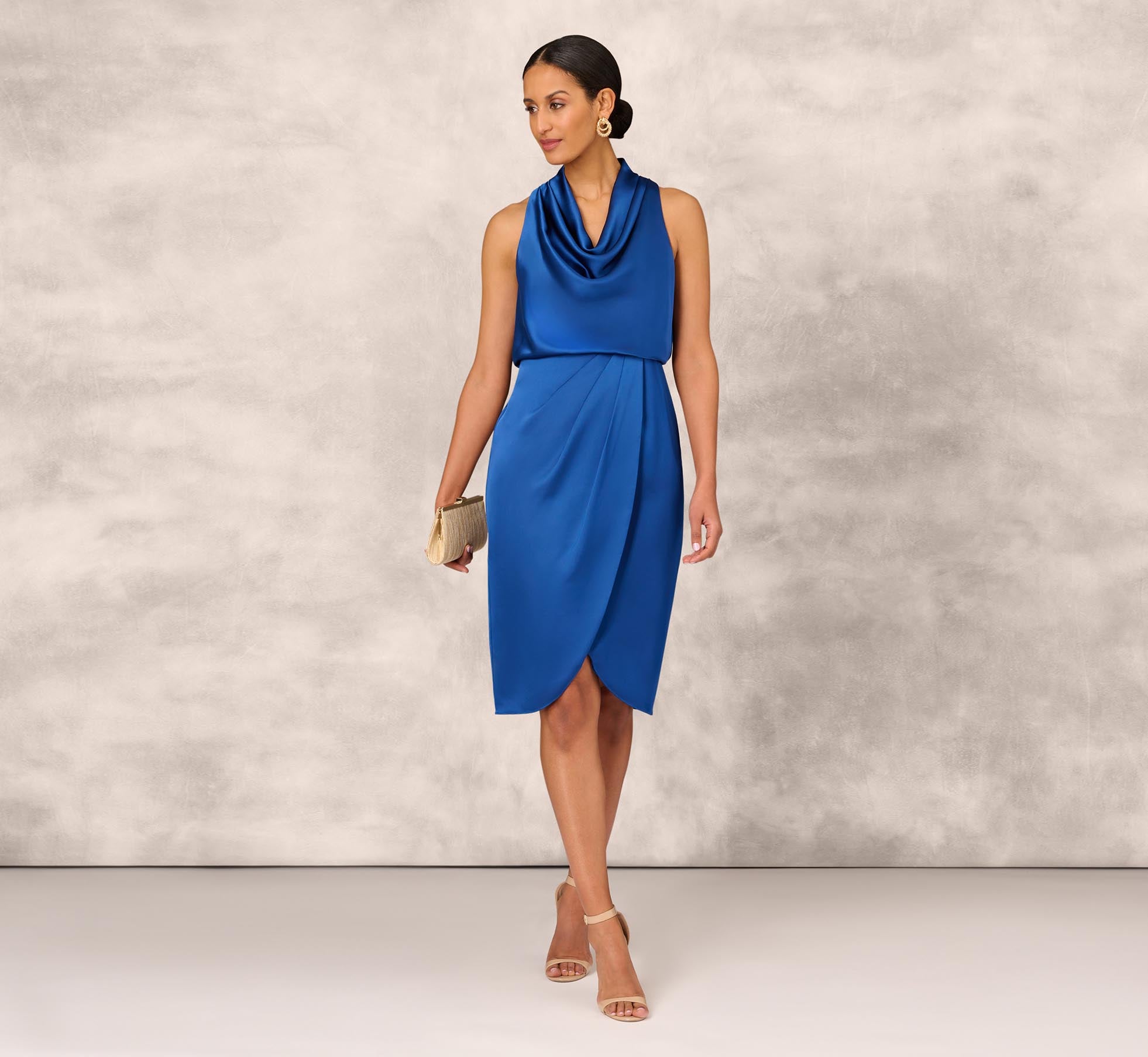 Cowl Neck Cocktail Dress With Front Draped Skirt In Deep Ocean 1