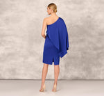 One-Shoulder Satin Draped Sheath Dress With Crepe Back And Cape In Royal Sapphire 5