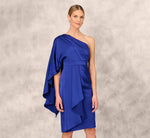 One-Shoulder Satin Draped Sheath Dress With Crepe Back And Cape In Royal Sapphire 2