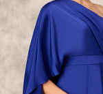 One-Shoulder Satin Draped Sheath Dress With Crepe Back And Cape In Royal Sapphire 3