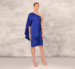 One-Shoulder Satin Draped Sheath Dress With Crepe Back And Cape In Royal Sapphire 7