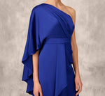 One-Shoulder Satin Draped Sheath Dress With Crepe Back And Cape In Royal Sapphire 4