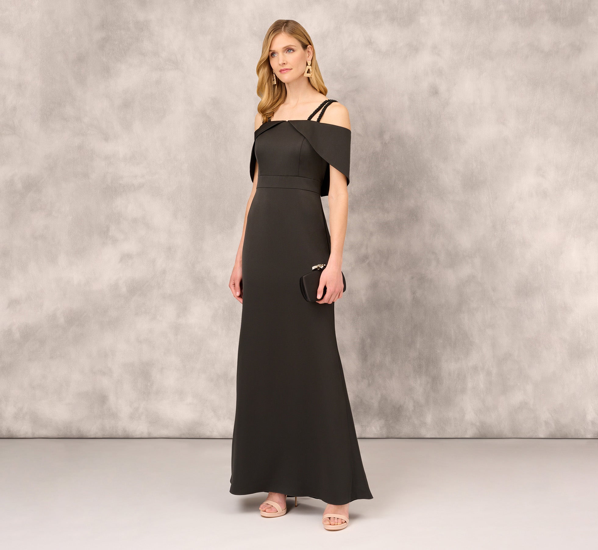 Satin Crepe Column Gown With Beaded Double Strap Details In Black 1