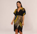 Beaded Faux Wrap Dress With Dolman Sleeves In Black Multi 2