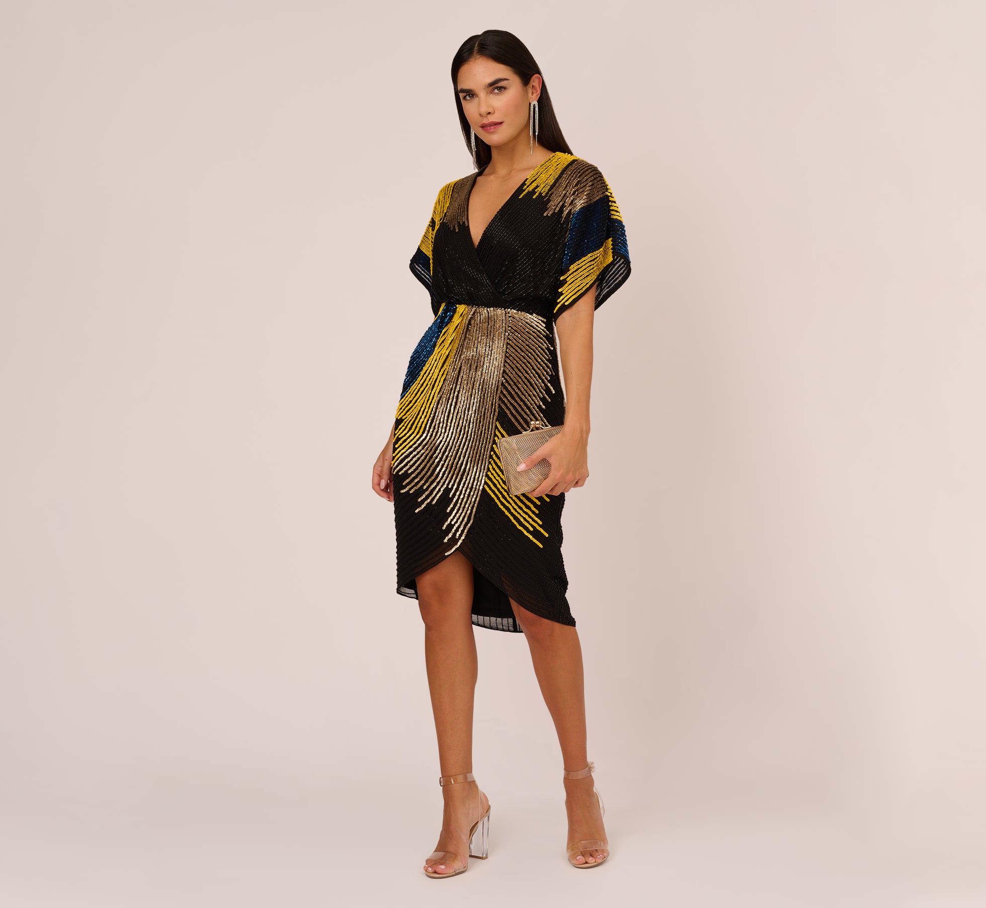 Beaded Faux Wrap Dress With Dolman Sleeves In Black Multi 1