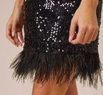 Sequined Trapeze Halter Dress With Feather Trim In Black 6