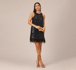 Sequined Trapeze Halter Dress With Feather Trim In Black 4