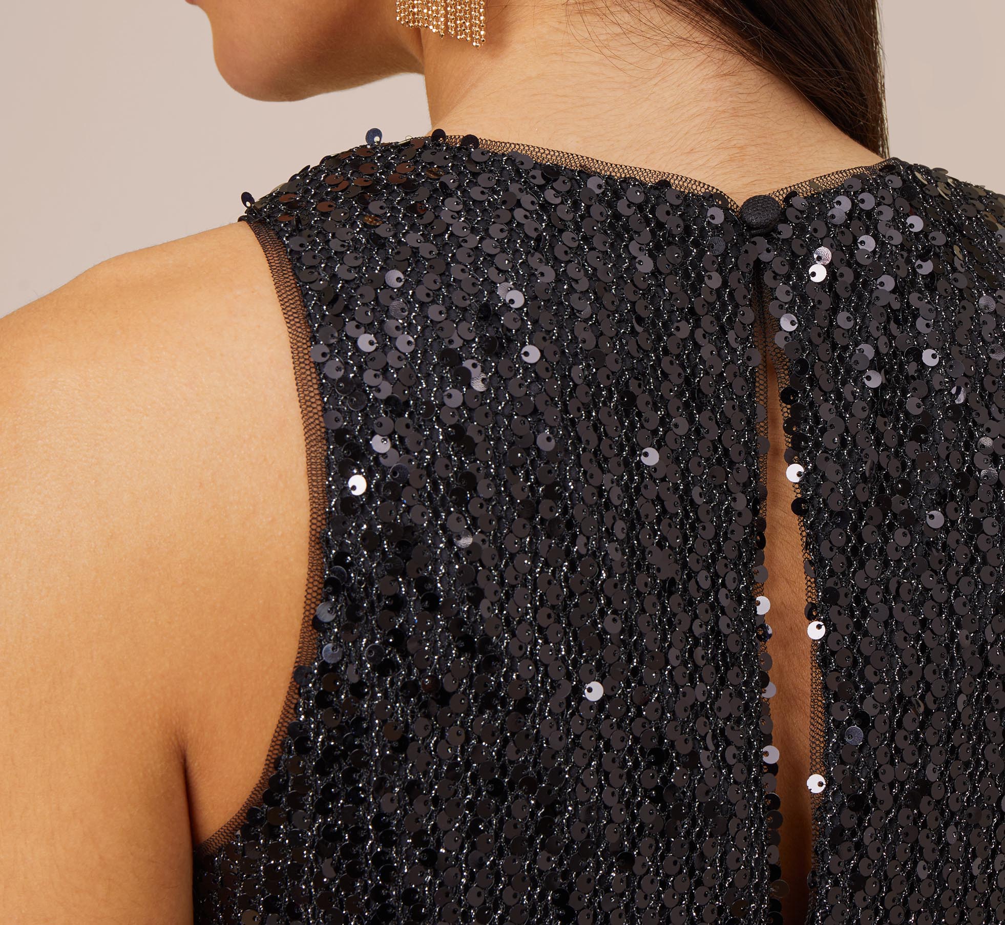 Sequined Trapeze Halter Dress With Feather Trim In Black 1