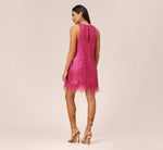 Sequined Trapeze Halter Dress With Feather Trim In Hot Pink 5