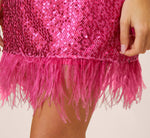 Sequined Trapeze Halter Dress With Feather Trim In Hot Pink 3
