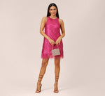 Sequined Trapeze Halter Dress With Feather Trim In Hot Pink 4