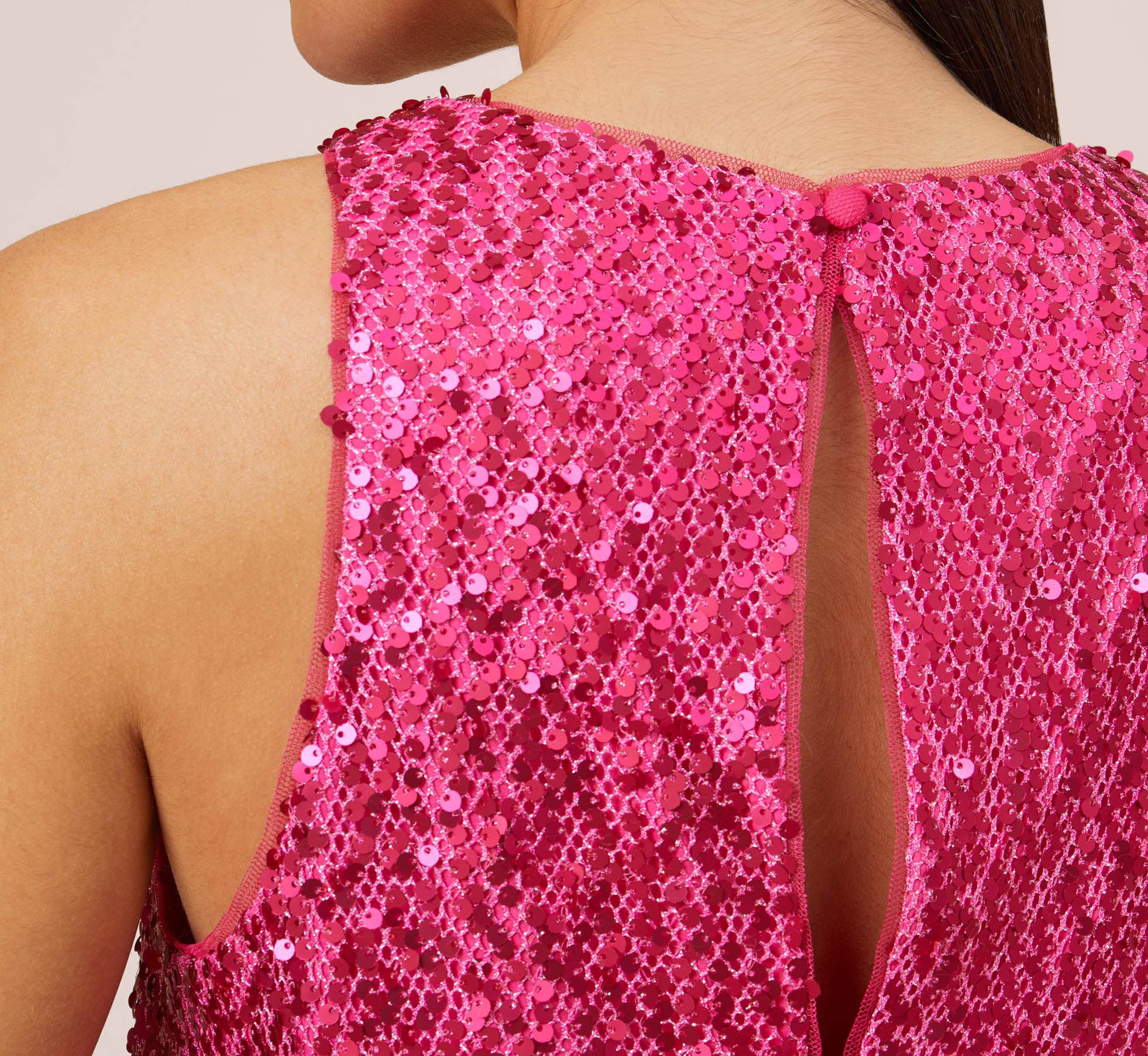 Sequined Trapeze Halter Dress With Feather Trim In Hot Pink 1