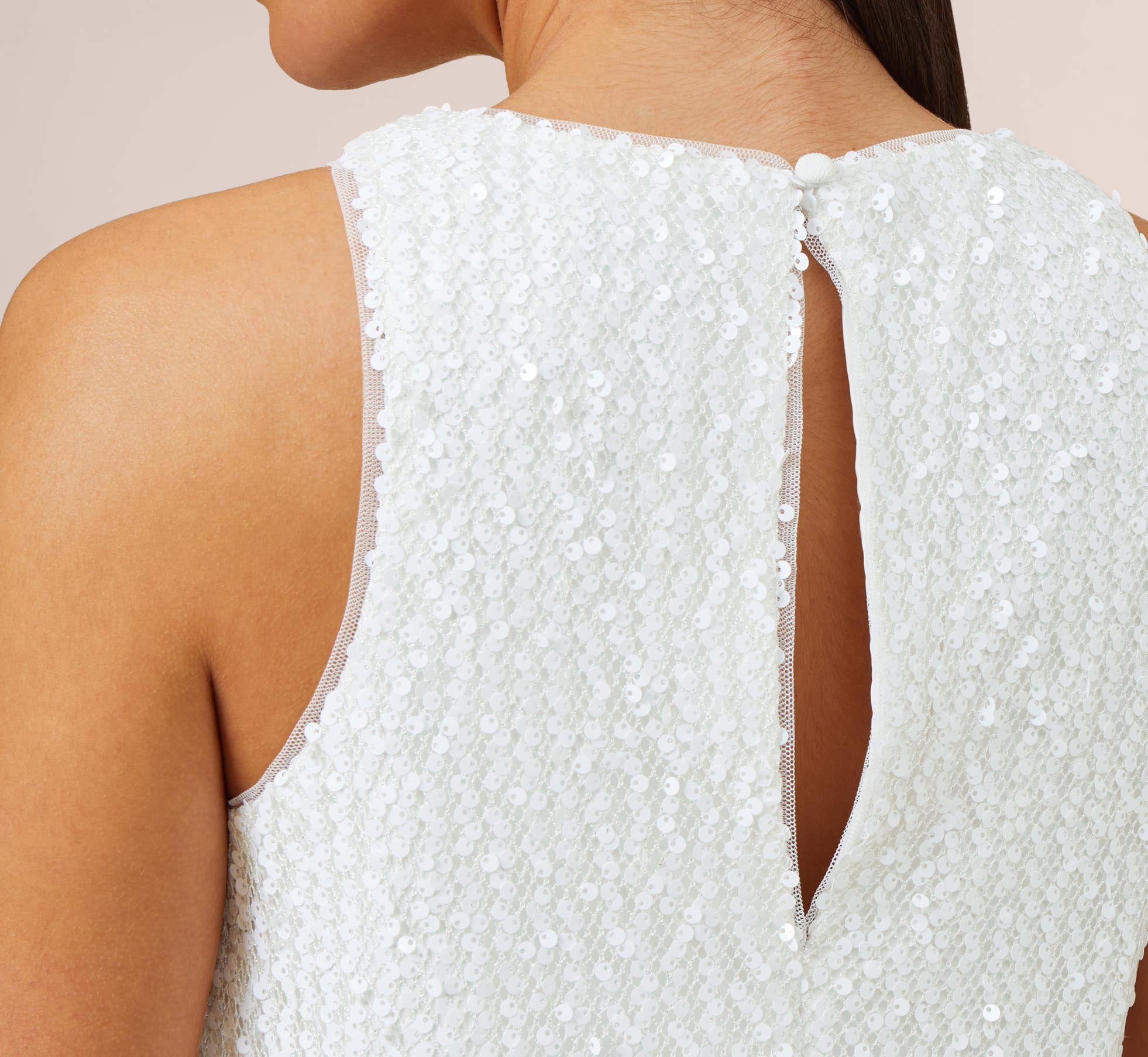 Sequined Trapeze Halter Dress With Feather Trim In Ivory 1