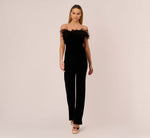 Feather Trimmed Strapless Velvet Jumpsuit In Black 2