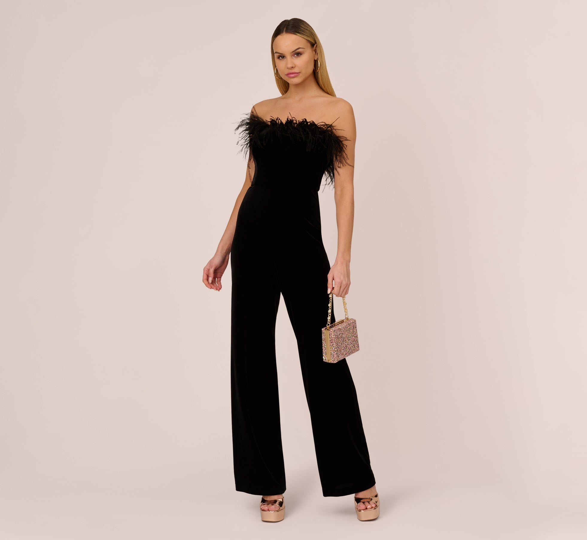Feather Trimmed Strapless Velvet Jumpsuit In Black 1