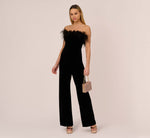 Feather Trimmed Strapless Velvet Jumpsuit In Black 1