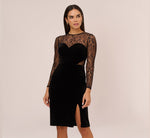 Long Sleeve Velvet Midi Dress With Sheer Lace Details In Black 2