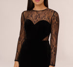 Long Sleeve Velvet Midi Dress With Sheer Lace Details In Black 3