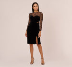 Long Sleeve Velvet Midi Dress With Sheer Lace Details In Black 7