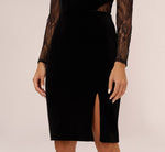 Long Sleeve Velvet Midi Dress With Sheer Lace Details In Black 4