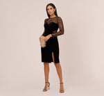 Long Sleeve Velvet Midi Dress With Sheer Lace Details In Black 1