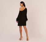 Knit Crepe One Shoulder Long Sleeve Dress With Feather Accents In Black 5