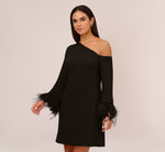 Knit Crepe One Shoulder Long Sleeve Dress With Feather Accents In Black 2