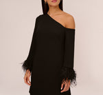 Knit Crepe One Shoulder Long Sleeve Dress With Feather Accents In Black 3
