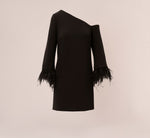 Knit Crepe One Shoulder Long Sleeve Dress With Feather Accents In Black 8