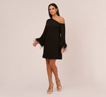 Knit Crepe One Shoulder Long Sleeve Dress With Feather Accents In Black 7