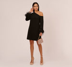 Knit Crepe One Shoulder Long Sleeve Dress With Feather Accents In Black 1