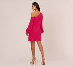 Knit Crepe One Shoulder Long Sleeve Dress With Feather Accents In Bright Rose 6