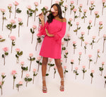 Knit Crepe One Shoulder Long Sleeve Dress With Feather Accents In Bright Rose 1