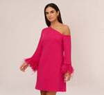 Knit Crepe One Shoulder Long Sleeve Dress With Feather Accents In Bright Rose 3